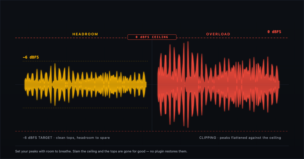 Gain staging diagram: healthy -6 dBFS waveform vs clipped waveform at the 0 dBFS ceiling